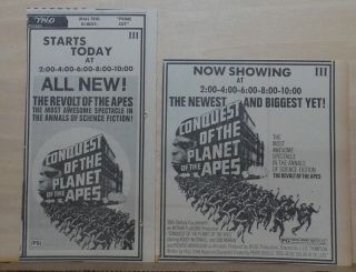Two 1972 Newspaper Ads For Movie Conquest Of The Planet Of The Apes - Awesome
