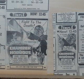 Two 1966 Newspaper Ads For Horror Movie Chamber Of Horrors - It Scares You