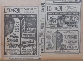 Two 1960 Newspaper Ads For Movies 4 Skulls Of Jonathan Drake,  Invisible Invaders
