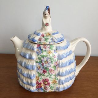 Vintage Sadler Teapot Ye Daintee Ladyee Blue and White Full Chintz Panel England 12