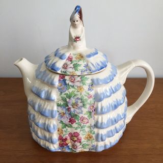 Vintage Sadler Teapot Ye Daintee Ladyee Blue And White Full Chintz Panel England