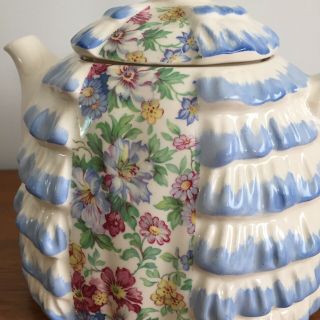 Vintage Sadler Teapot Ye Daintee Ladyee Blue and White Full Chintz Panel England 5