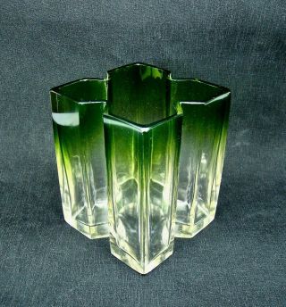Rare Early Marie Kirschner Loetz Green To Clear Geometric Art Glass Vase