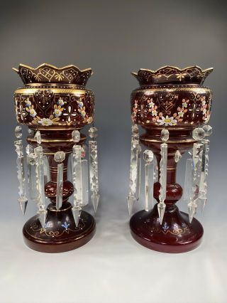 Antique Cranberry Mantle Lustres/lusters & Prisms Art Glass 19th Century