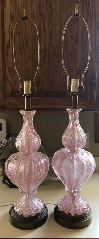 Vintage 1950s Mcm Barovier Toso Murano Glass Lamps Italy Pink Silver For Bb3961