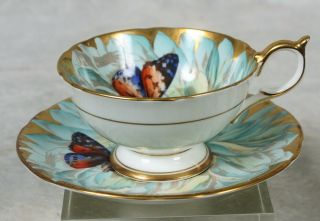 Rare Vtge Aynsley Turquoise Gold Butterfly Chysanthemum Flower Tea Cup & Saucer 2