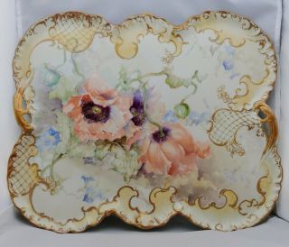 Franz A.  Bischoff H.  P.  15 ¼” Limoges Open Handled Tray With Apricot Poppies