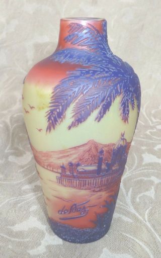 Antique 1910 Art Nouveau Devez France Lake Scenic Cameo Art Glass Vase Signed