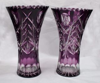 Amethyst Cut Glass Overlay Crystal Vases