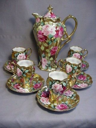 Antique Nippon Japan Gold Encrusted With Roses Chocolate Coco Set