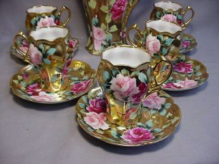 Antique Nippon Japan Gold Encrusted With Roses Chocolate Coco Set 3