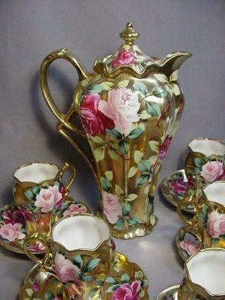 Antique Nippon Japan Gold Encrusted With Roses Chocolate Coco Set 6