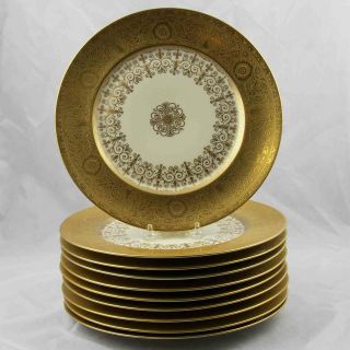 10 Antique Heinrich & Co.  Selb Bavaria Gold Encrusted Dinner Cabinet Plates 11 "
