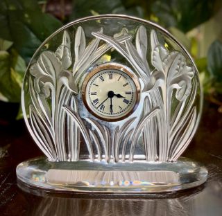 Lalique Frosted & Clear Crystal Iris Clock Signed & Authentic