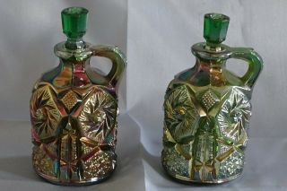 Cambridge Carnival Buzz Saw Green Cruet Pair With Stoppers - Rare