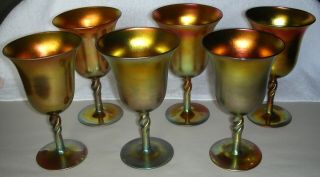 6 Steuben Aurene Gold Twisted Stem Wine Glasses Goblets 2361 W/ Orig.  Labels