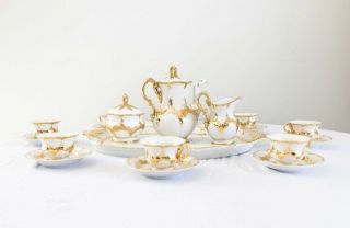 Antique Meissen Porcelain Coffee/tea Set,  White With Gold Leaf Accents,  Ca 1880