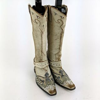 Miranda Lambert Mia White Leather Sequin Accent Cowboy Boots Size 8.  5 M
