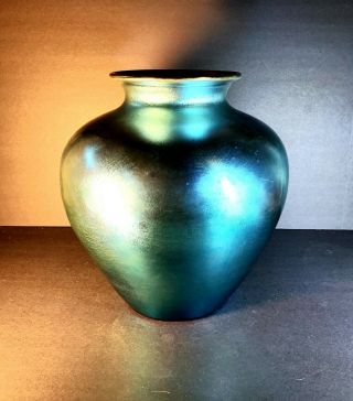 Massive 11 in Carder Steuben 2683 Blue Aurene Rose Jar Vase at 2