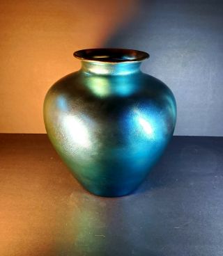 Massive 11 in Carder Steuben 2683 Blue Aurene Rose Jar Vase at 3