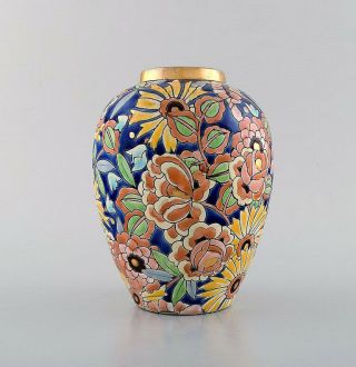 Boch Freres Keramis,  Belgium.  Large Hand Painted Art Deco Ceramic Vase.  1930/40s