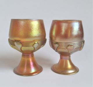 Antique Signed Pair Tiffany Favrile Iridescent Art Glass Tendril Cordial Goblet