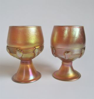 Antique SIGNED Pair TIFFANY FAVRILE Iridescent Art Glass TENDRIL CORDIAL GOBLET 3