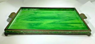 Ultra Rare Tiffany Studios Ny Large Vanity/desk Tray Bronze & Green Slag Glass