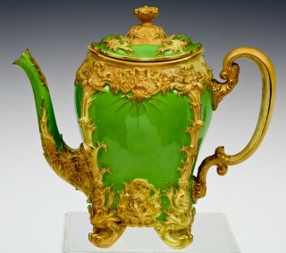 Royal Worcester Tea Pot Green And Gold Rare