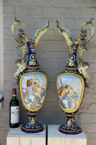 Rare Xxl 33 " Antique Italian Majolica Vases Ewer Satyr Putti God Mythological