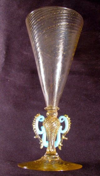 Rare Antique Barovier Salviati Murano Aventurine Winged Stem Goblets Exc 1880 3