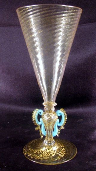 Rare Antique Barovier Salviati Murano Aventurine Winged Stem Goblets Exc 1880 4