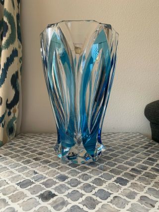 SIGNED St Louis Crystal Vase Teal Overlay Cut to Clear 3