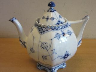 Royal Copenhagen Tea Set Blue Fluted Full Lace w Face 1119 Tea pot creamer Sugar 2