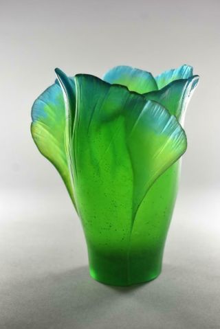 Daum France Pete De Verre Crystal GinkoLeaf Vase 