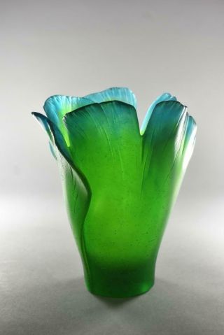 Daum France Pete De Verre Crystal GinkoLeaf Vase 