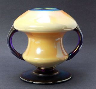 Antique Imperial Freeform Art Glass Vase Iridescent Cream W/ Applied Cobalt