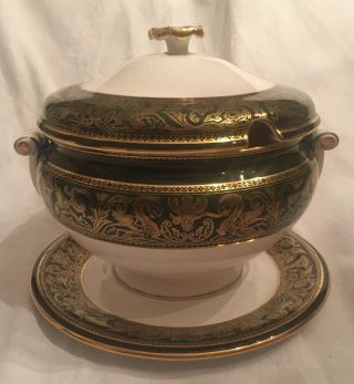 Soup Tureen,  Lid,  And Underplate Wedgwood Florentine Dark Green Dragons