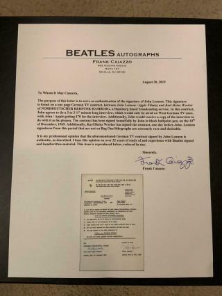 Beatles INCREDIBLE 1969 JOHN LENNON SIGNED CONTRACT CAIAZZO & TRACKS COAs 3