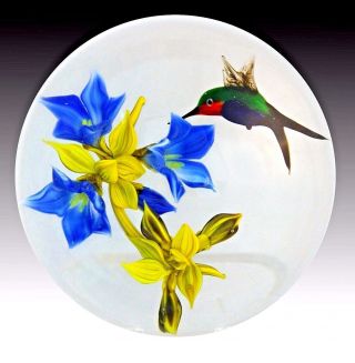 Magnum Rick Ayotte Blue Flowers And Hummingbird Art Glass Paperweight