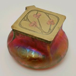 Vtg 1900 Art Nouveau Kralik Loetz Pink Oil Spot Iridescent Glass & Brass Inkwell