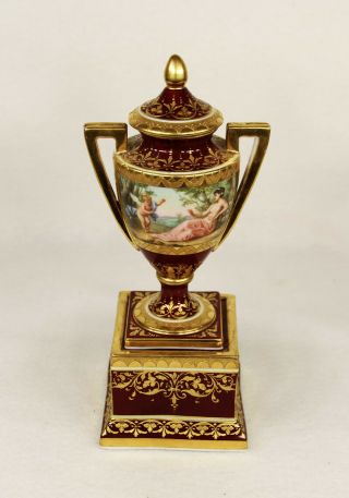 Antique Royal Vienna Hand Painted Porcelain Small Urn Vase C.  1900 81/2 
