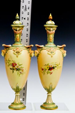ROYAL WORCESTER VASE PAIR WITH TOPS - HAND PAINTED 2