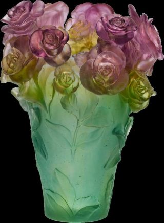 Daum Rose Passion Vase 05282 Green Pink French Glass Crystal