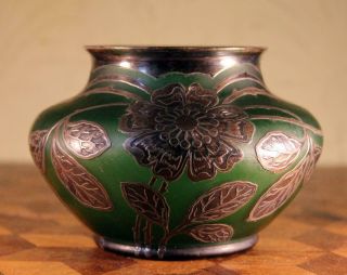 Antique Loetz Bohemian Art Nouveau Green Glass Silver Overlay Cabinet Vase