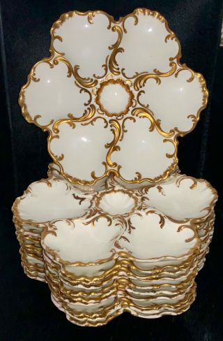 Antique Set Of 11 Limoges France Oyster Plates With Gold Decorations