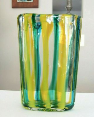 MCM Murano Fratelli Toso Green Yellow Stripe Glass Vase 11 2