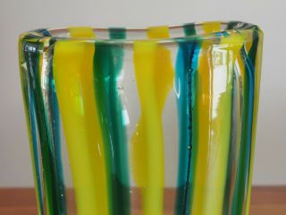 MCM Murano Fratelli Toso Green Yellow Stripe Glass Vase 11 3
