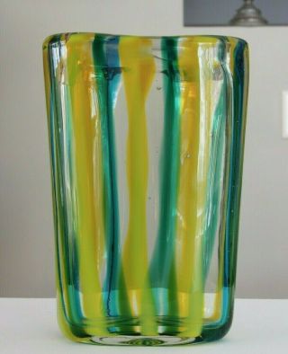 MCM Murano Fratelli Toso Green Yellow Stripe Glass Vase 11 5