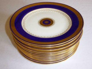 12 ANTIQUE MINTON BONE CHINA FOR TIFFANY & CO GOLD ENCRUSTED COBALT BLUE PLATES 2